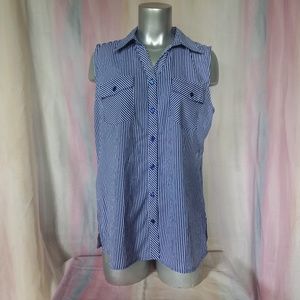 Blue & White Stripes Sleeveless Button Down Shirt